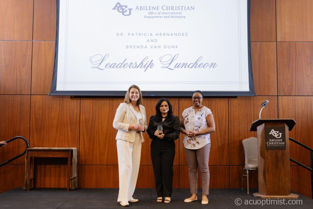 Dr. Susan Lewis, Naoemi Gire and Dr. Ramonica Scott receive the Dr. Patricia Hernandez and Brenda Van Dunk Leadership Award. (Photo courtesy of the Office of Intercultural Engagement and Belonging)